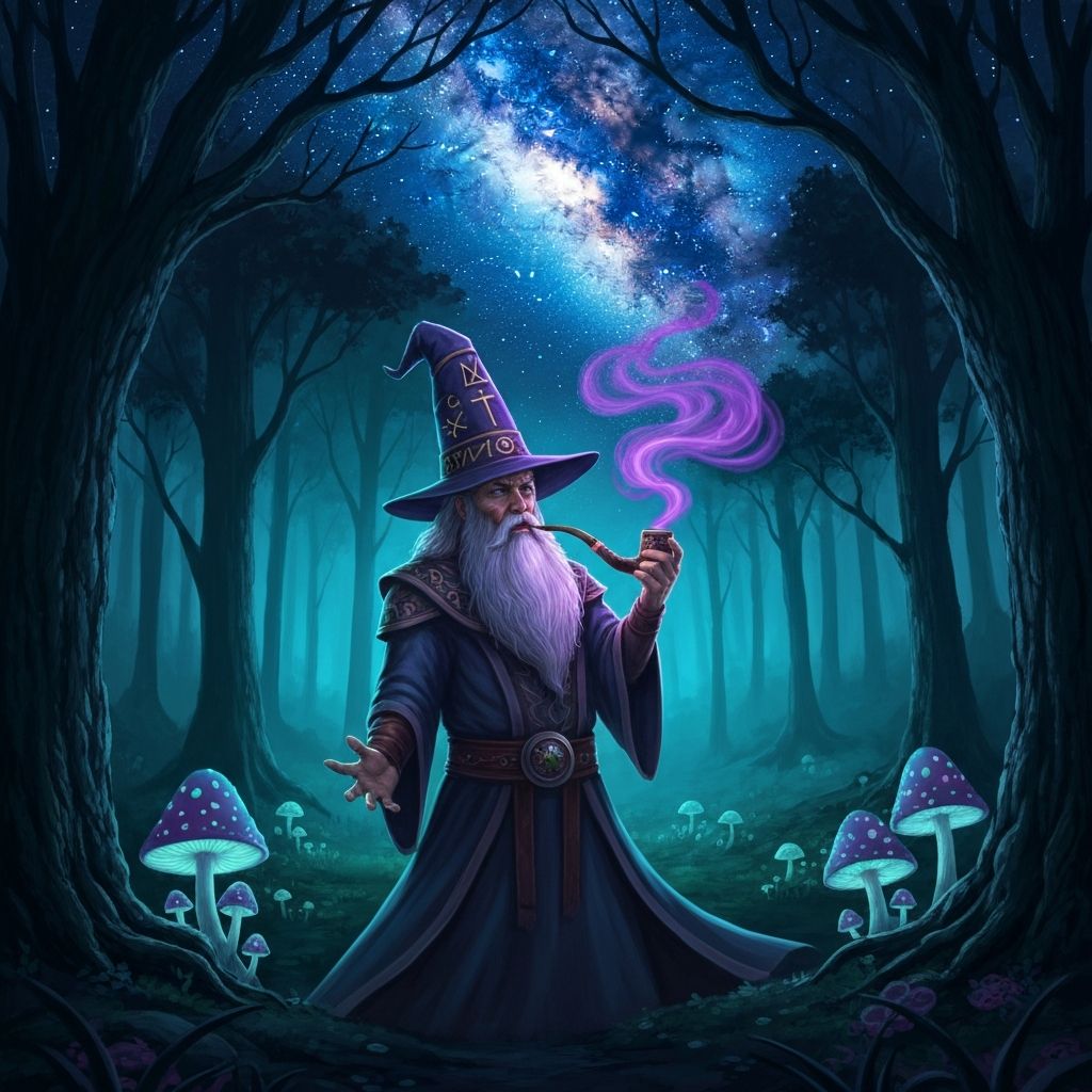 Mystical wizard in enchanted forest